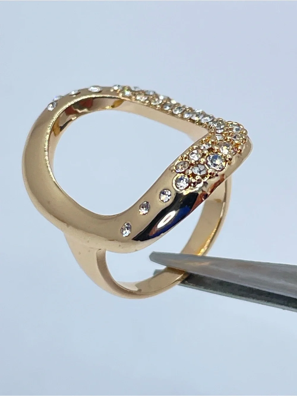 Gold Tone Open Oval Crystal Statement Ring Modern Glam Cocktail Ring